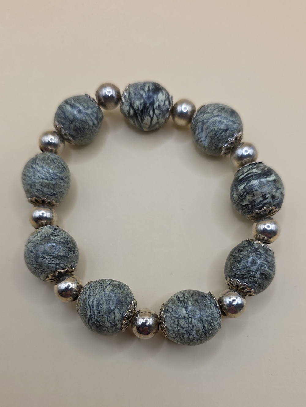 Green Jasper Beaded Stretch Bracelet with Silver Accents